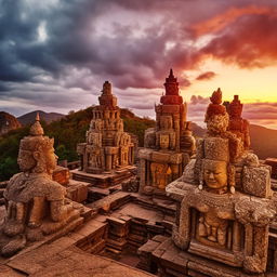 An awe-inspiring, ancient temple dedicated to the gods, sitting upon a high mountain. Intricate statues of various deities decorate its facade, under a dramatic cloudy sky at sunset.