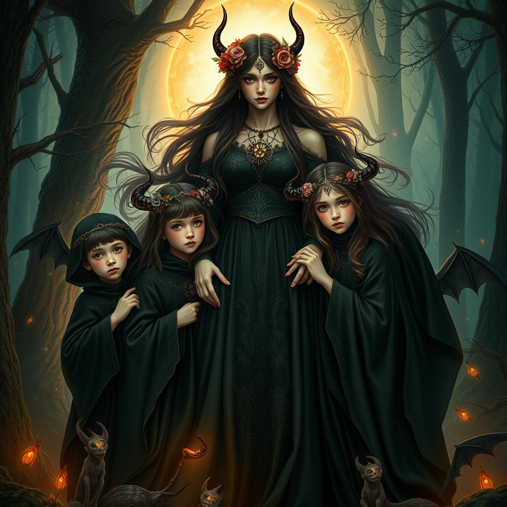A captivating and mystical scene illustrating Mother Lilith with her children, who embody the essence of the Antichrist