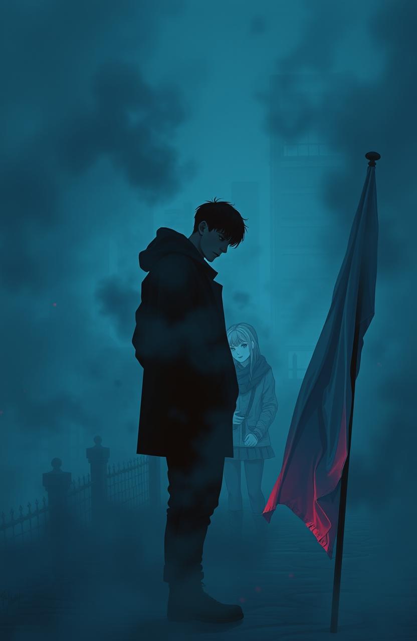 A stylish, atmospheric artwork in dark tones featuring a young man standing alone in a winter city