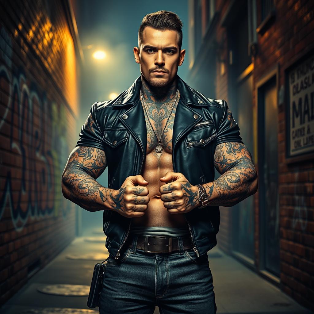 A tough, muscular gangster with intricate tattoos covering his arms and neck, dressed in a stylish black leather jacket and dark jeans, standing confidently in an urban alley