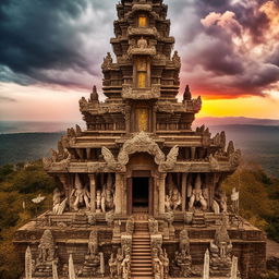 An awe-inspiring, ancient temple dedicated to the gods, sitting upon a high mountain. Intricate statues of various deities decorate its facade, under a dramatic cloudy sky at sunset.