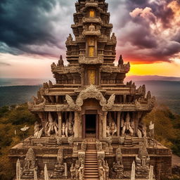 An awe-inspiring, ancient temple dedicated to the gods, sitting upon a high mountain. Intricate statues of various deities decorate its facade, under a dramatic cloudy sky at sunset.