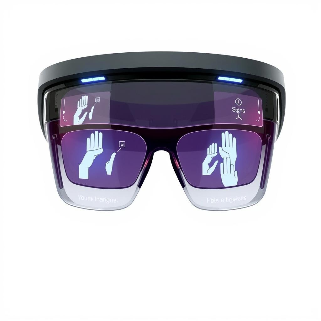 A futuristic scene featuring an automated sign language translation system using AI technology integrated into augmented reality glasses