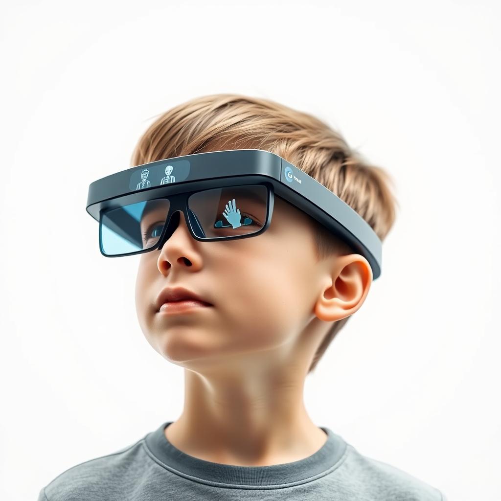A futuristic scene featuring an automated sign language translation system using AI technology integrated into augmented reality glasses, worn by a young boy