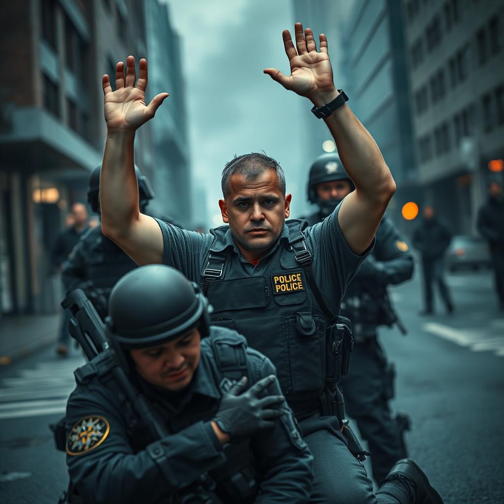 A tense scene depicting a fully geared policeman surrendering to arrest, with his hands raised in the air, showing a look of resignation on his face
