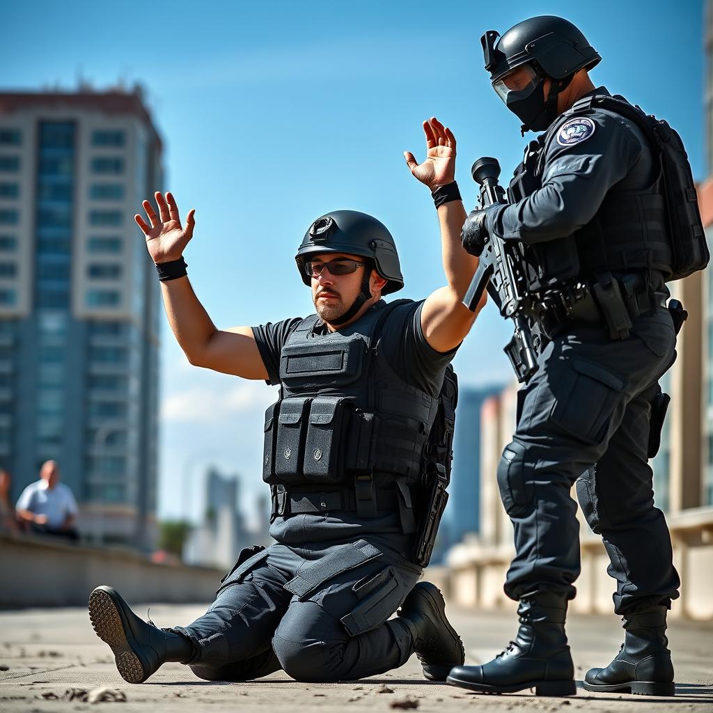 A dramatic scene depicting a fully geared policeman in tactical uniform with his hands raised in surrender