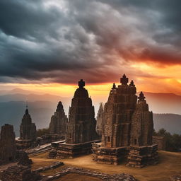 An awe-inspiring, ancient temple dedicated to the gods, sitting upon a high mountain. Intricate statues of various deities decorate its facade, under a dramatic cloudy sky at sunset.