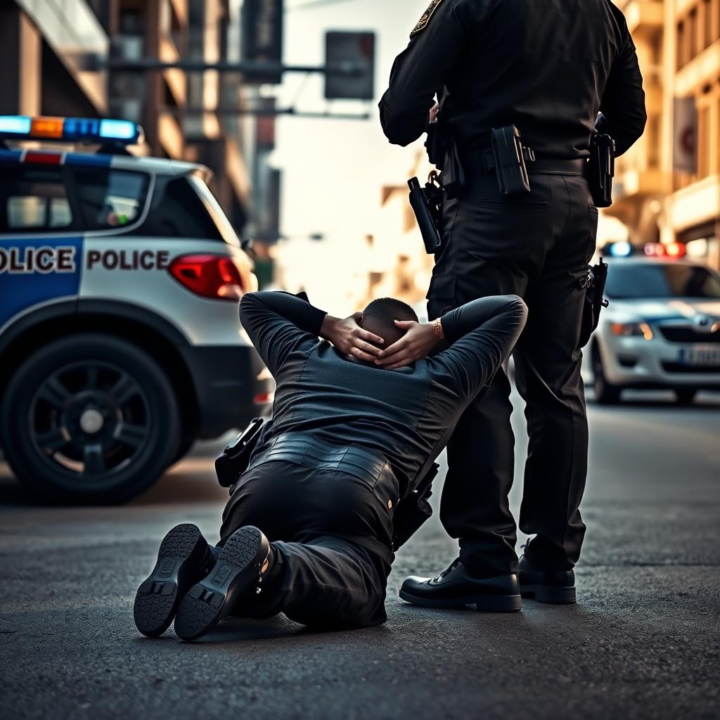 A fully geared police officer surrendering, kneeling on the ground with his hands behind his head, displaying a moment of compliance during an arrest