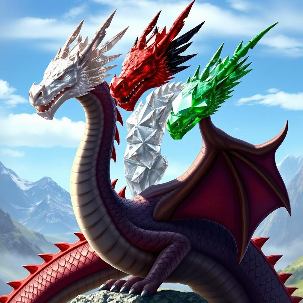 A majestic European dragon in a fantasy setting, showcasing three distinct heads crafted from different crystals