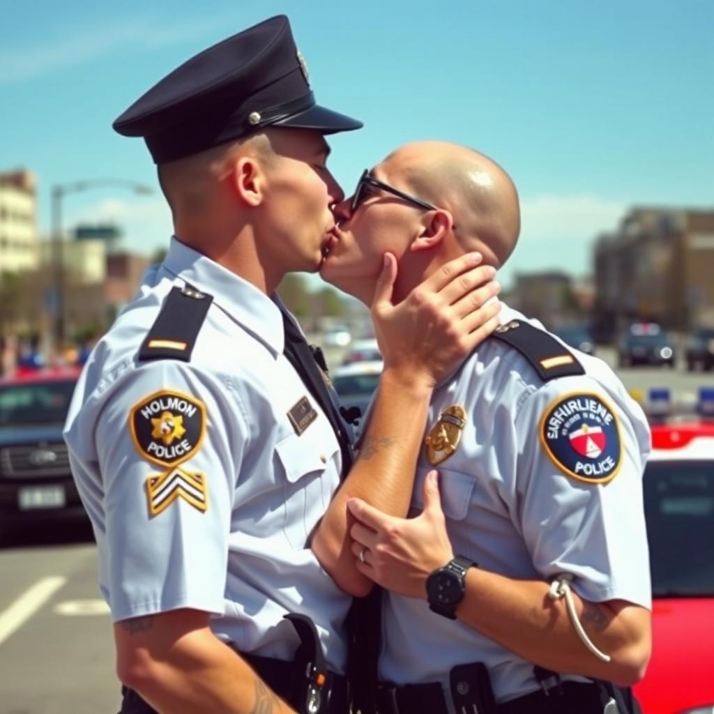 Two gay policemen in full uniform, complete with badges and gear, passionately kissing each other and engaging in romantic touches