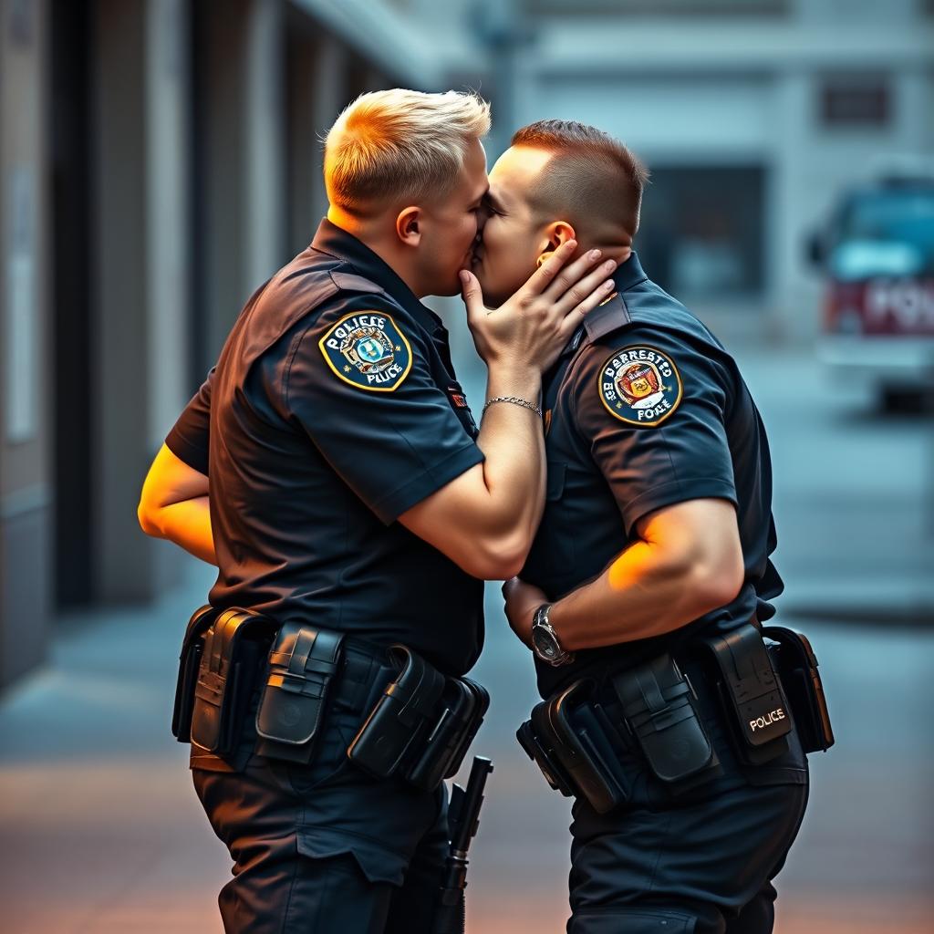 Two gay policemen in full police gear passionately kissing each other, their expressions filled with love and desire
