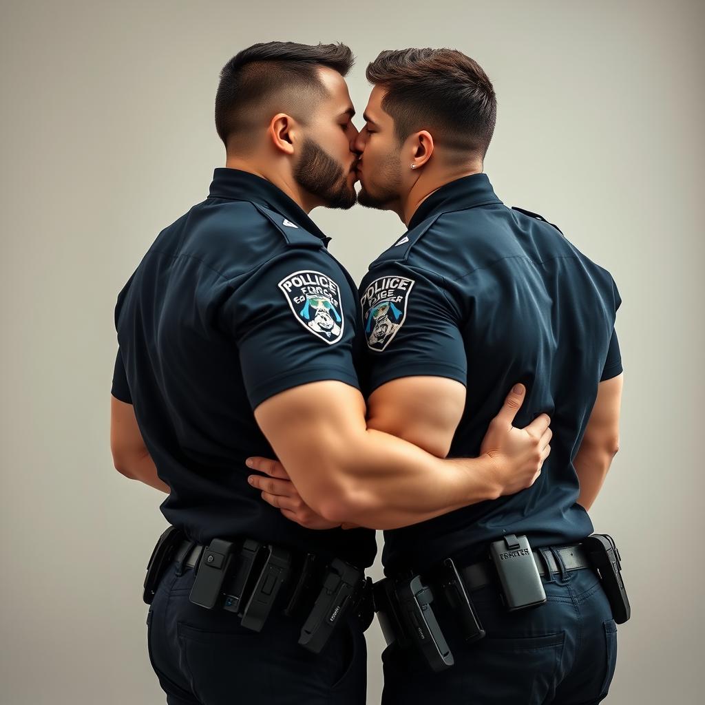 Two attractive, muscular gay policemen in full uniform, passionately kissing each other while romantically touching their own backsides