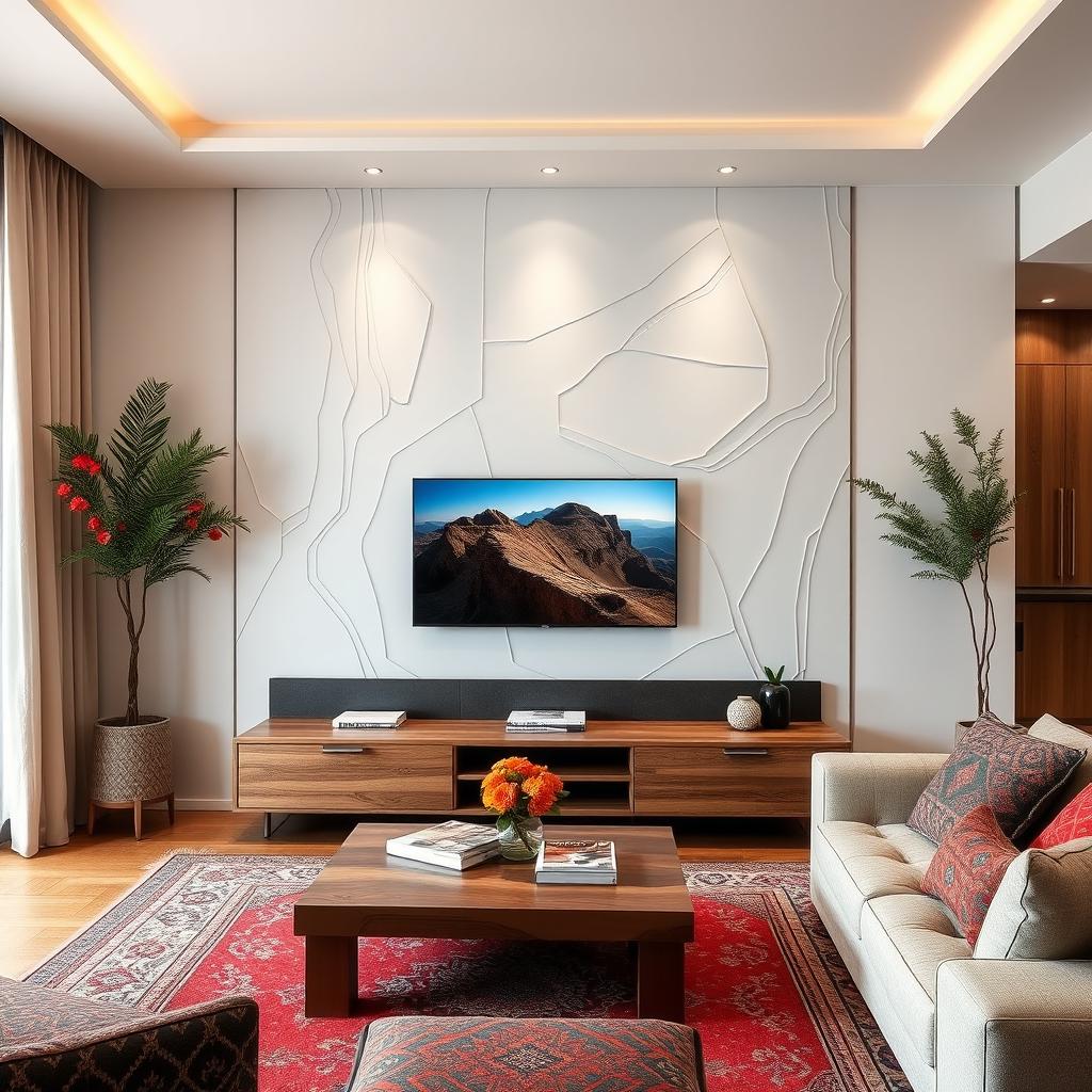 A modern living room featuring a white CNC-designed wall panel with a television installed on it