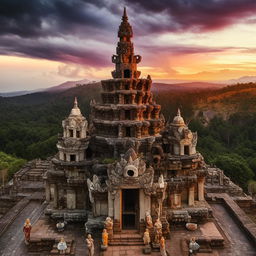 An awe-inspiring, ancient temple dedicated to the gods, sitting upon a high mountain. Intricate statues of various deities decorate its facade, under a dramatic cloudy sky at sunset.