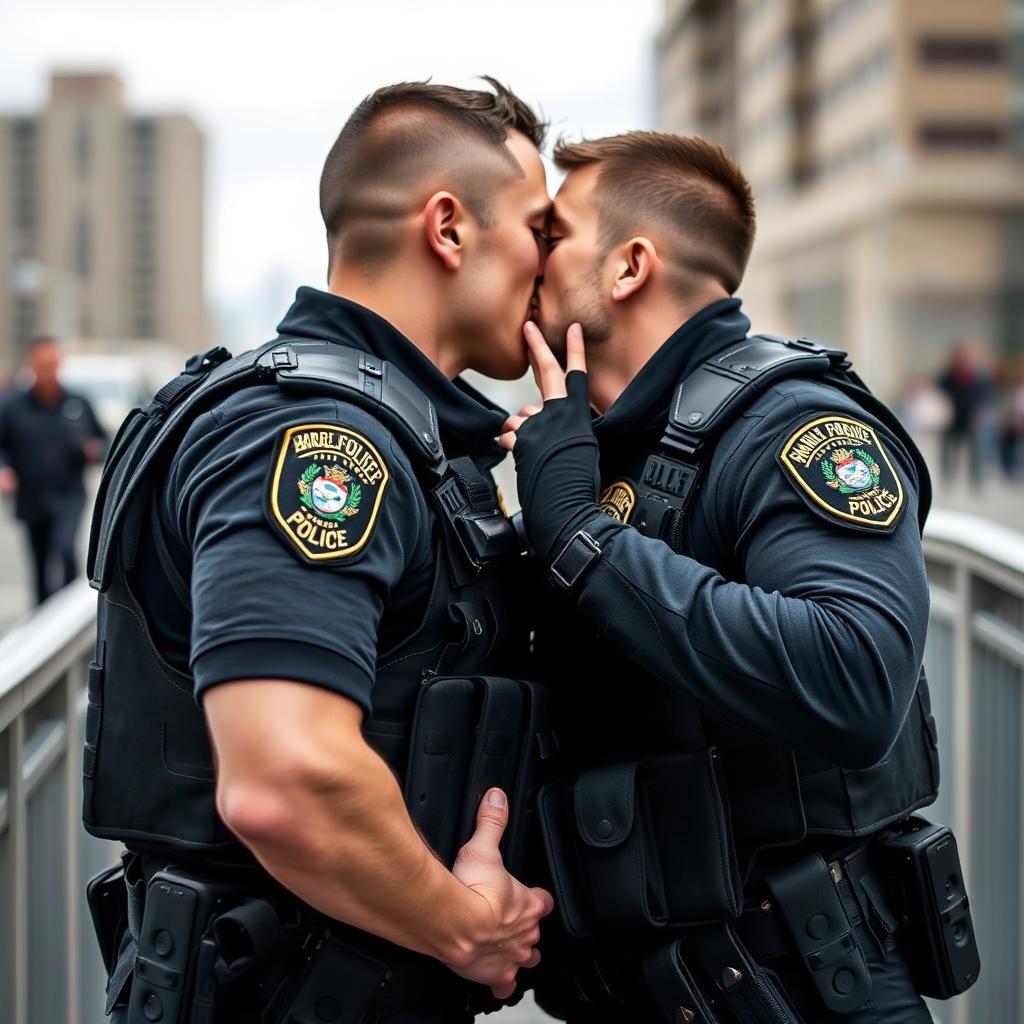 A romantic scene featuring two hunky policemen in full tactical gear passionately kissing and touching each other lovingly