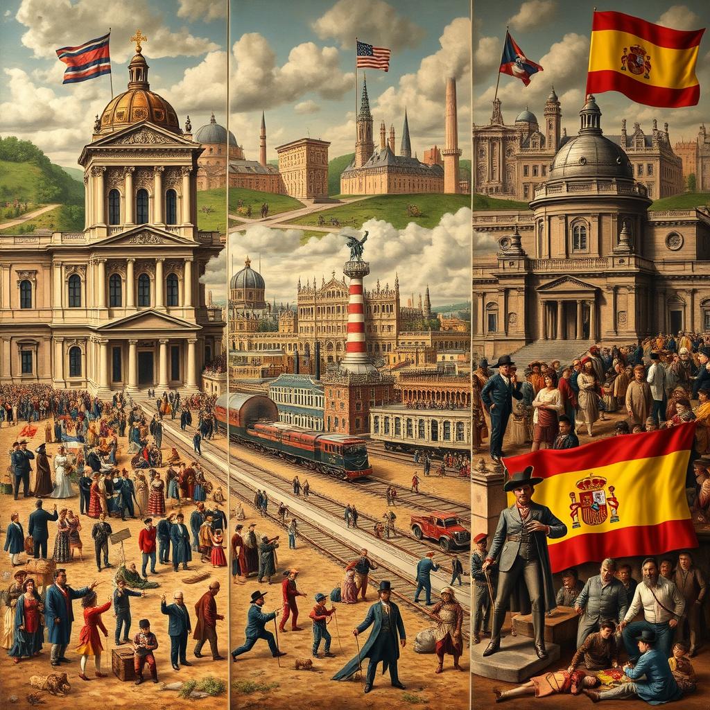 A detailed artistic representation that encapsulates the political, economic, social, and cultural conditions of Europe, America, and Spain in the 19th century
