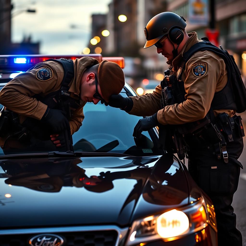 A dramatic scene featuring two policemen in full tactical gear