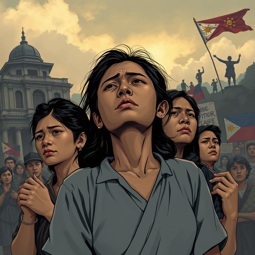 A poignant and evocative illustration depicting the historical struggles faced by the Philippines during periods of colonization and abuse