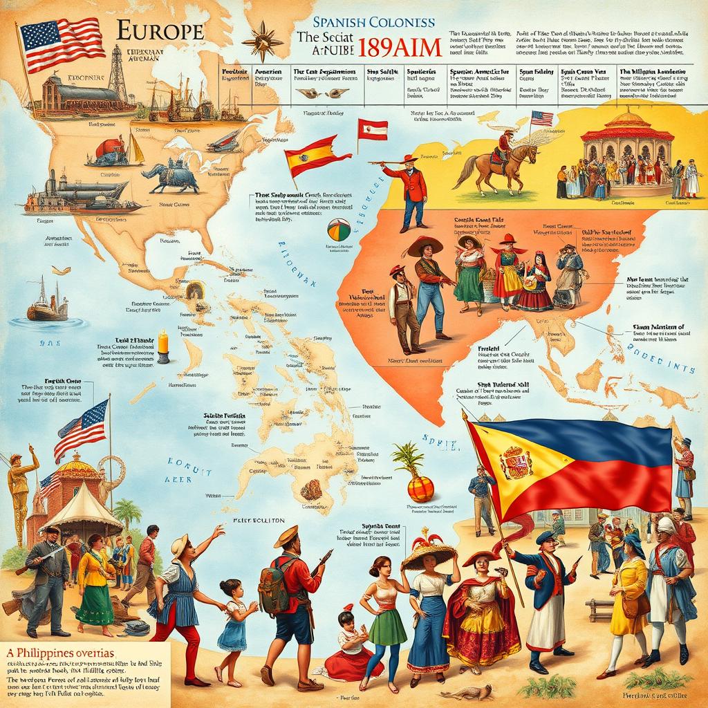A detailed historical illustration depicting the political, economic, social, and cultural conditions of Europe, America, and Spain during the 19th century