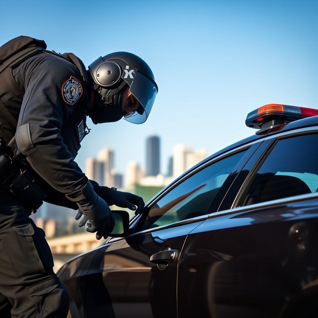 A policeman in full tactical gear, including a helmet and body armor, is bent over a police car, appearing to be under arrest and about to be patted down