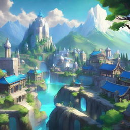 The vibrant, glowing city of Demacia from the League of Legends universe. Majestic, white stone buildings with blue-tiled rooftops, surrounded by lush greenery and set against the backdrop of towering mountains.