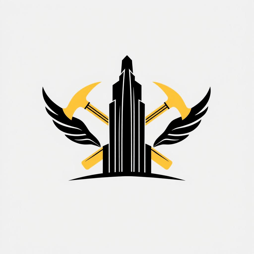 A sophisticated logo design featuring a tall, elegant building silhouette in black, prominently placed in the center