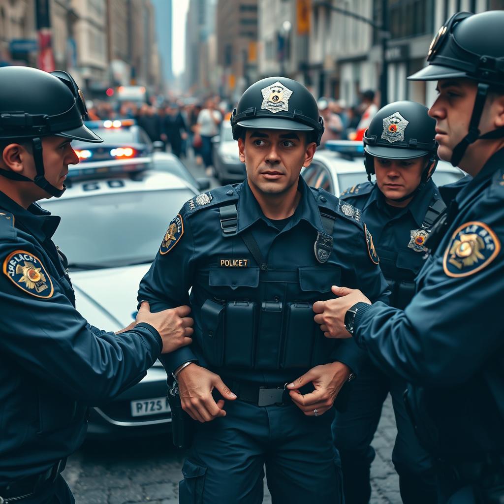A dramatic scene depicting a policeman in full tactical gear being arrested by his fellow officers