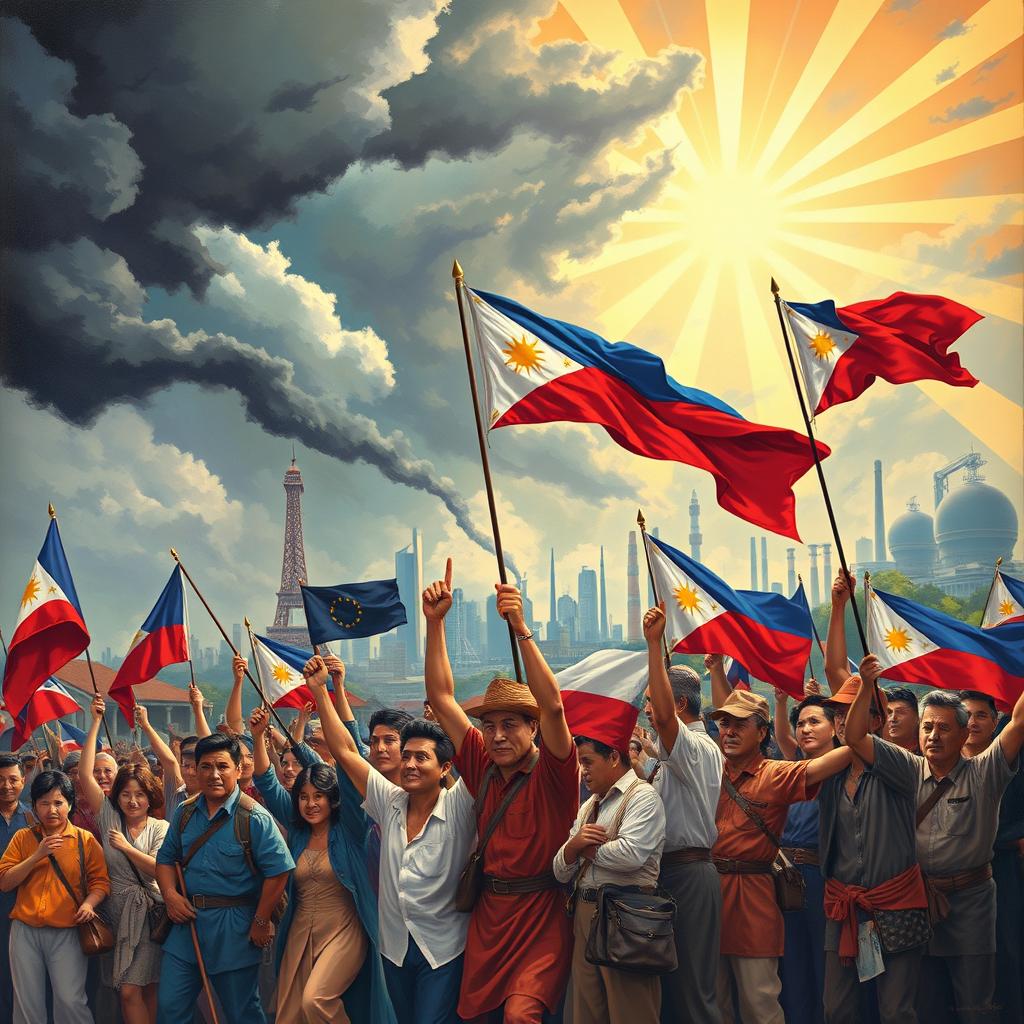 A compelling artwork that highlights the key themes of colonial rule, revolution, industrialization, nationalism, and social classes specifically in the context of the Philippines