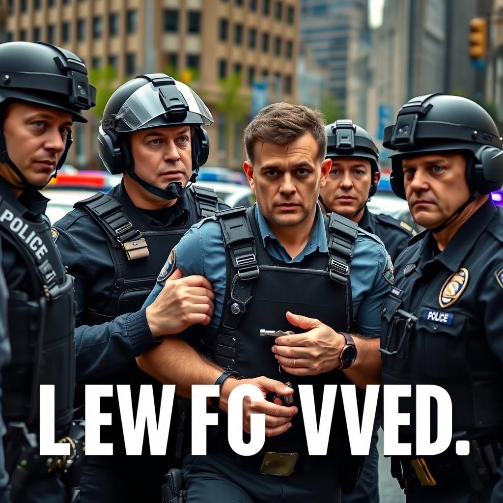 A scene depicting a policeman in full tactical gear, including helmet, body armor, and utility belt, being arrested by his fellow officers