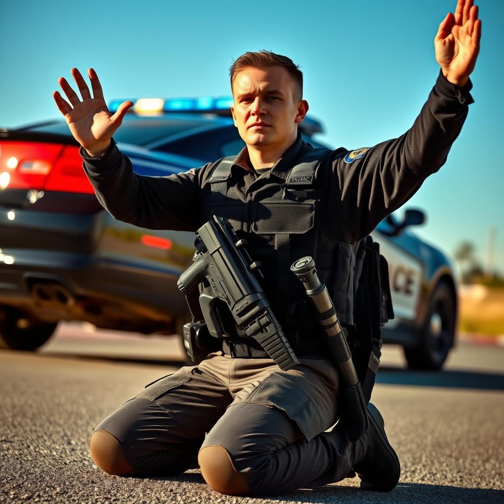 A policeman in full tactical gear kneeling down with hands raised in the air, signifying surrender