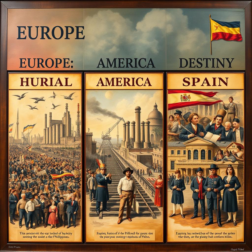 An informative artwork that visualizes the conditions of Europe, America, and Spain in the 19th century and their influence on the Philippines during the same period