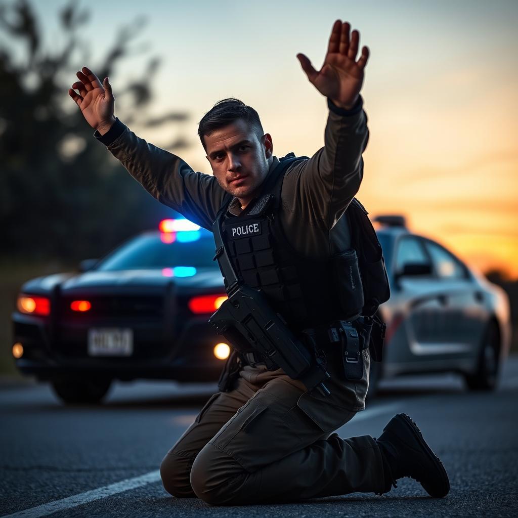 A dramatic scene depicting a policeman in full tactical gear, kneeling down and surrendering with his hands raised in the air