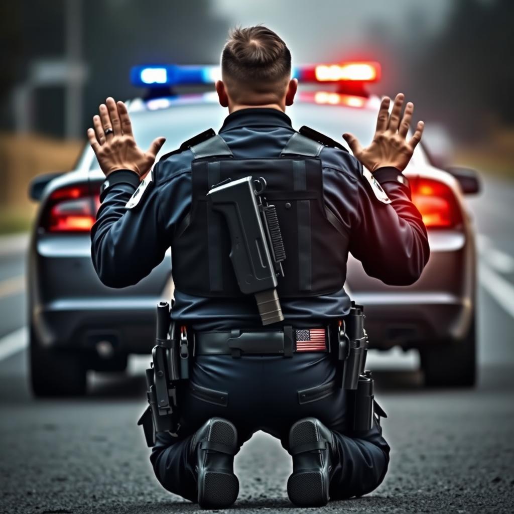 A dramatic scene featuring a policeman in full tactical gear kneeling down with hands raised in surrender