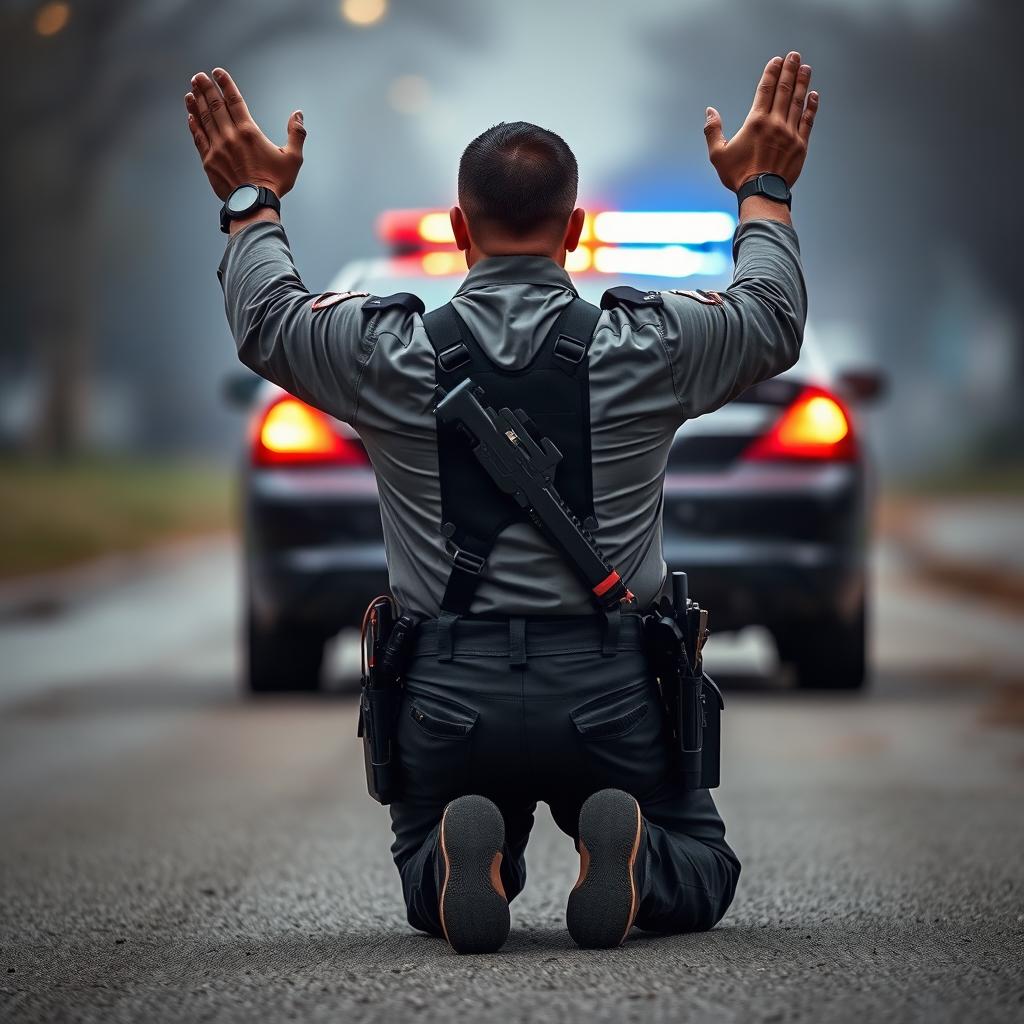 A policeman in full tactical gear is kneeling down with his hands raised in surrender