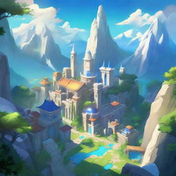 The vibrant, glowing city of Demacia from the League of Legends universe. Majestic, white stone buildings with blue-tiled rooftops, surrounded by lush greenery and set against the backdrop of towering mountains.