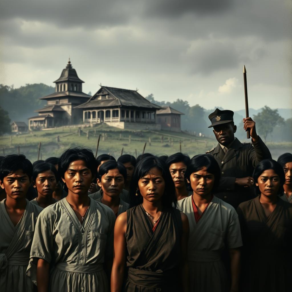 A historical scene depicting the Philippines in the 19th century, showcasing the struggles and hardships faced by the local population during colonization
