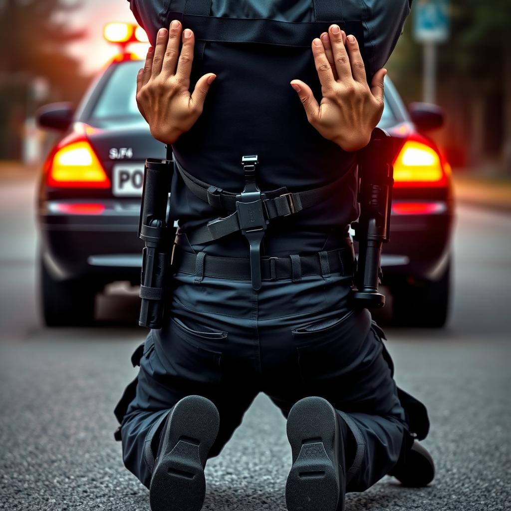 A policeman in full gear, kneeling down with his hands raised in surrender