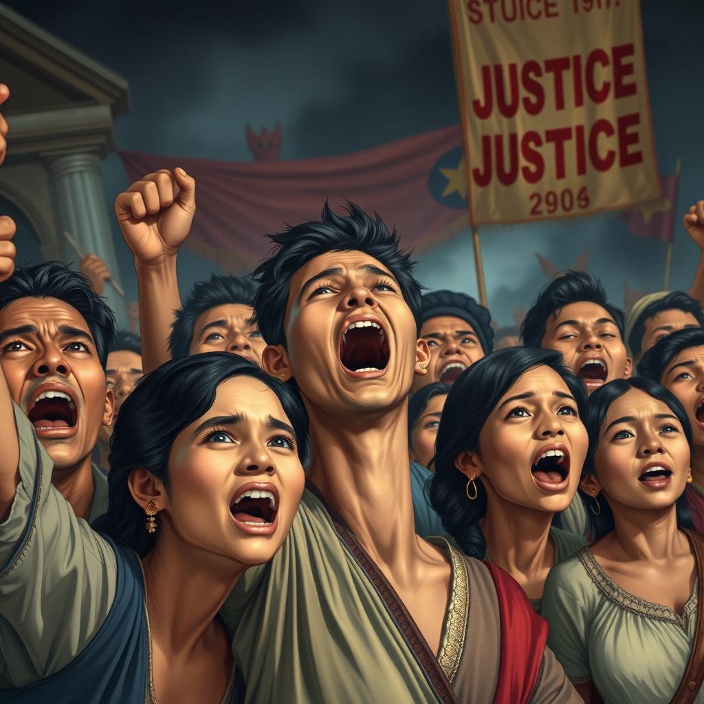 An impactful scene illustrating the Philippines in the 19th century, where a group of Filipinos passionately shouting for justice