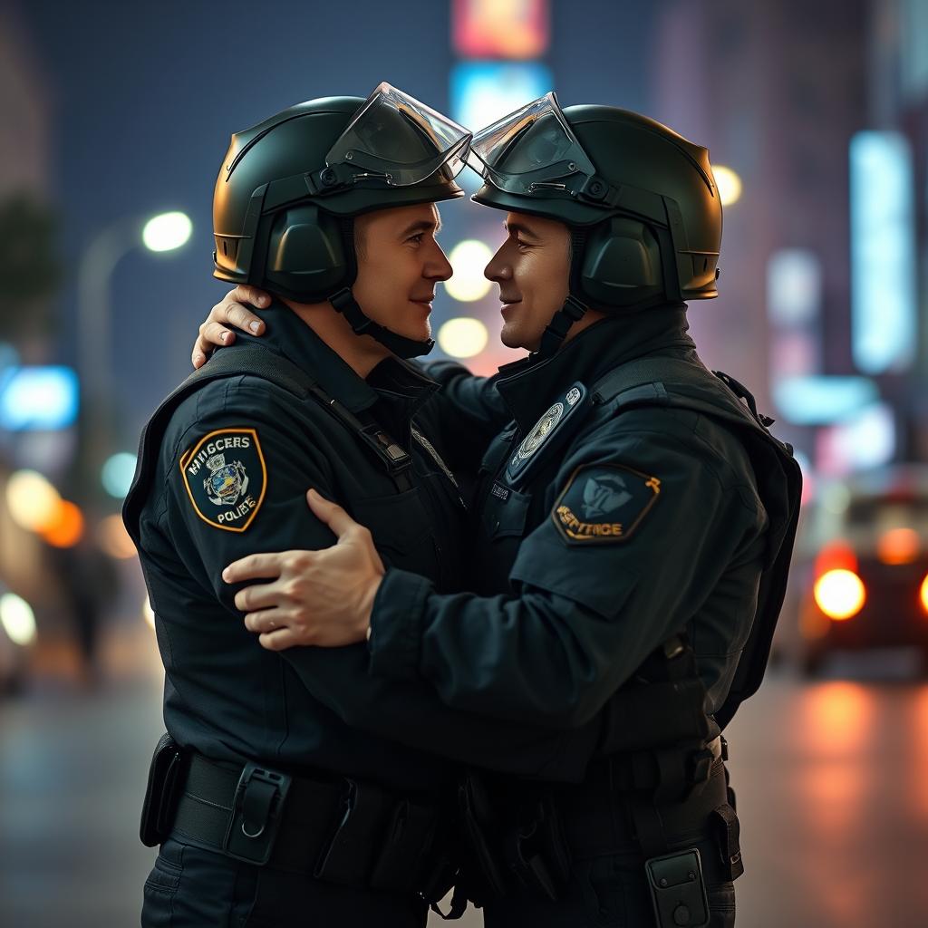 Two police officers in full tactical gear, embracing each other romantically in a passionate hug