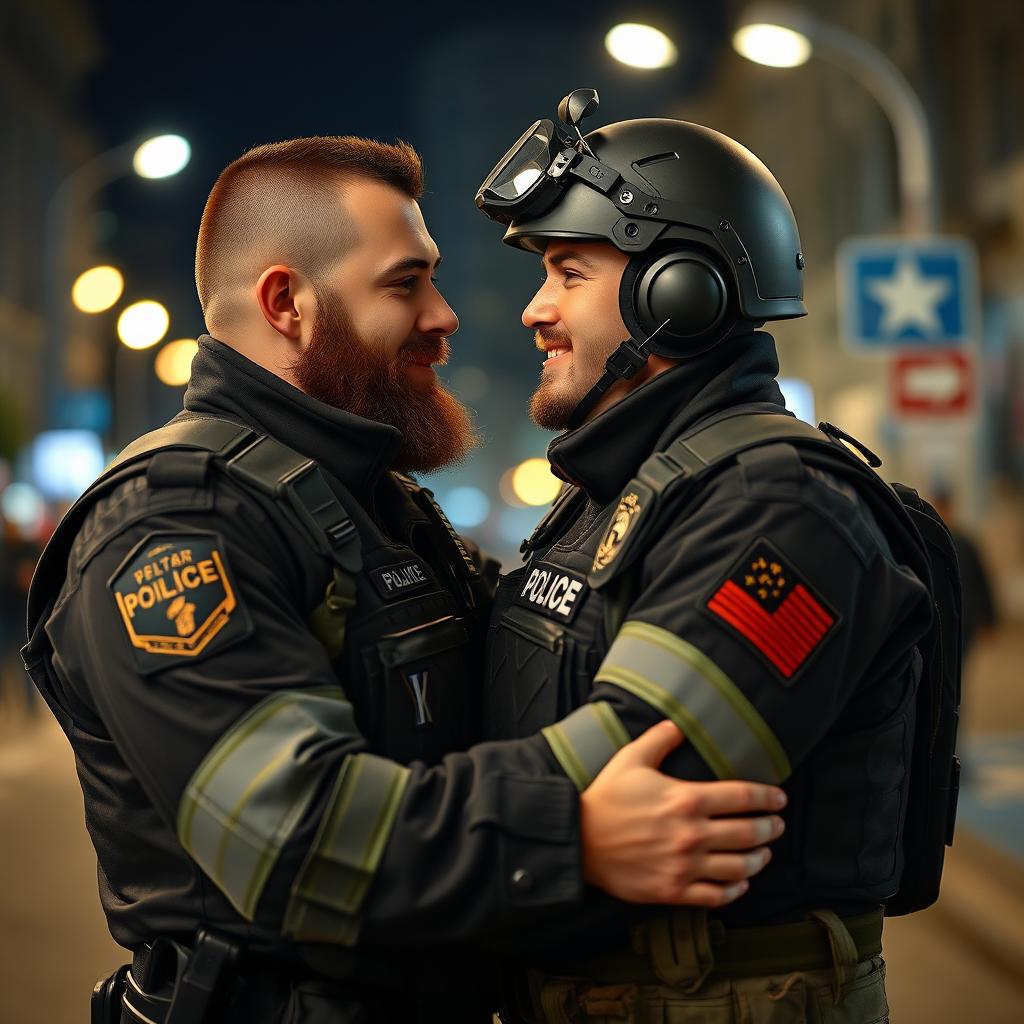 A romantic scene featuring two fully geared policemen in a warm embrace, showcasing affection towards each other