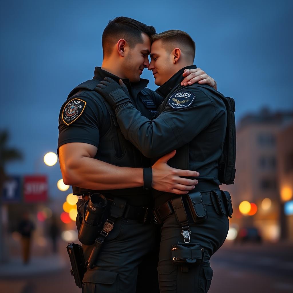 A stud policeman in full tactical gear, complete with a bulletproof vest, utility belt, and duty boots, embracing another fully geared cop in a romantic hug