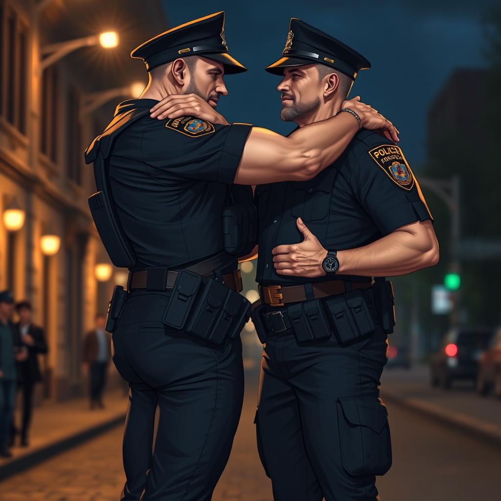 A powerful scene depicting two masculine policemen, both in full uniform and gear, engaging in a heartfelt embrace