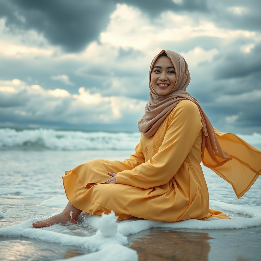 Ultra-realistic and cinematic close-up of a beautiful woman in a hijab, kneeling on the beach with waves crashing around her