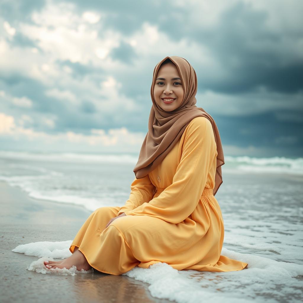 Ultra-realistic and cinematic close-up of a beautiful woman in a hijab, kneeling on the beach with waves crashing around her
