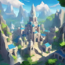 The vibrant, glowing city of Demacia from the League of Legends universe. Majestic, white stone buildings with blue-tiled rooftops, surrounded by lush greenery and set against the backdrop of towering mountains.