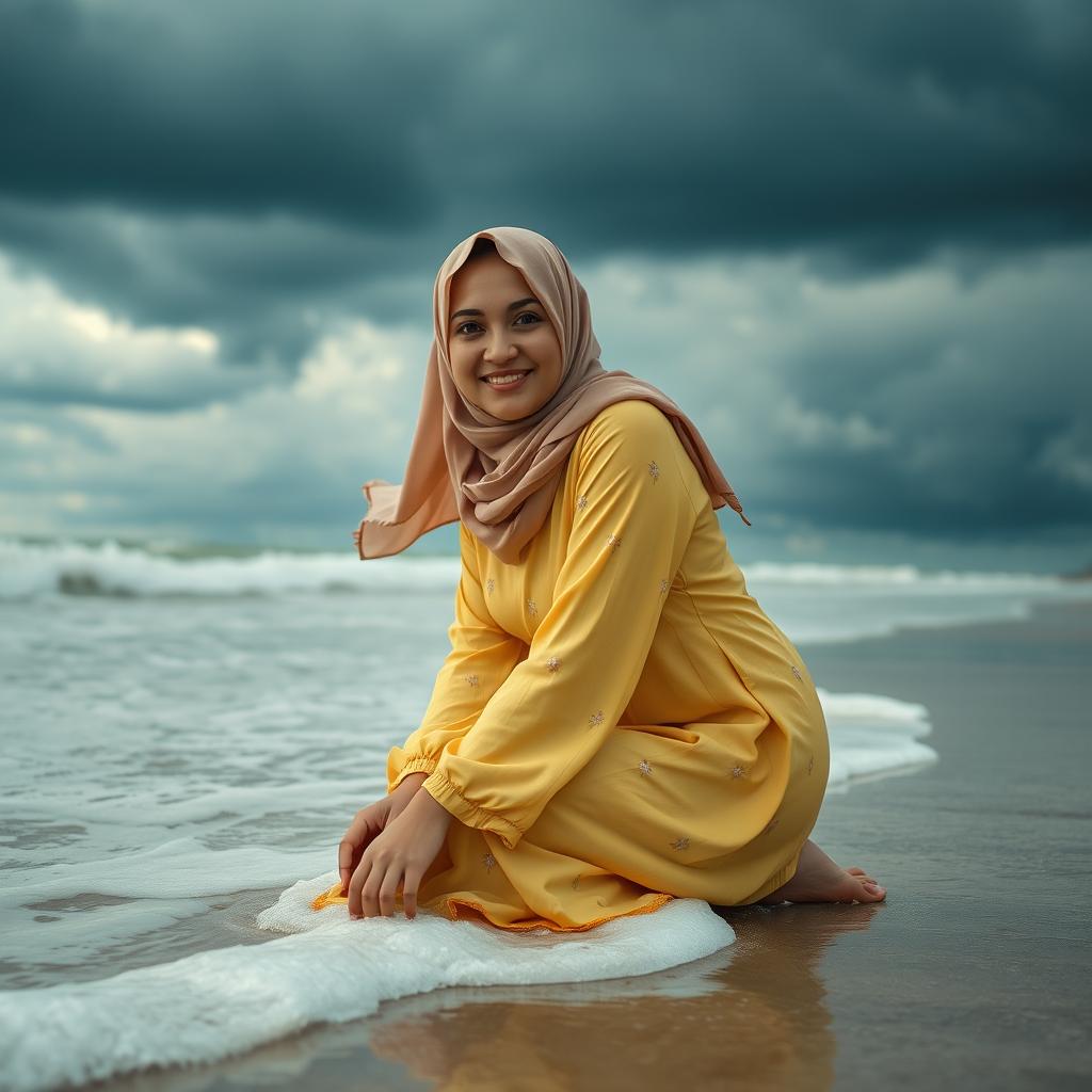 Ultra-realistic and cinematic close-up of a beautiful woman in a hijab, kneeling on the beach with waves crashing around her