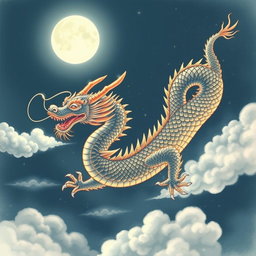 An elegant Chinese dragon depicted in a beautifully detailed drawing, gliding gracefully through a serene night sky illuminated by soft moonlight
