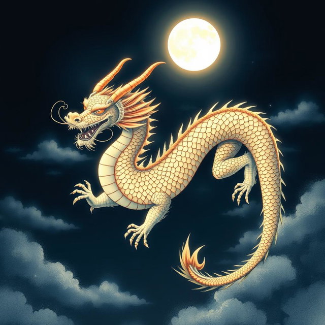 An elegant Chinese dragon depicted in a beautifully detailed drawing, gliding gracefully through a serene night sky illuminated by soft moonlight