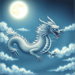 An elegant Chinese dragon depicted in a beautifully detailed drawing, gliding gracefully through a serene night sky illuminated by soft moonlight