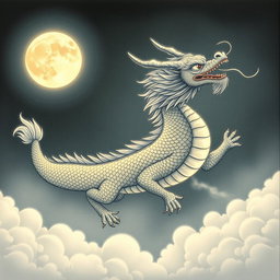 An elegant Chinese dragon depicted in a beautifully detailed drawing, gliding gracefully through a serene night sky illuminated by soft moonlight